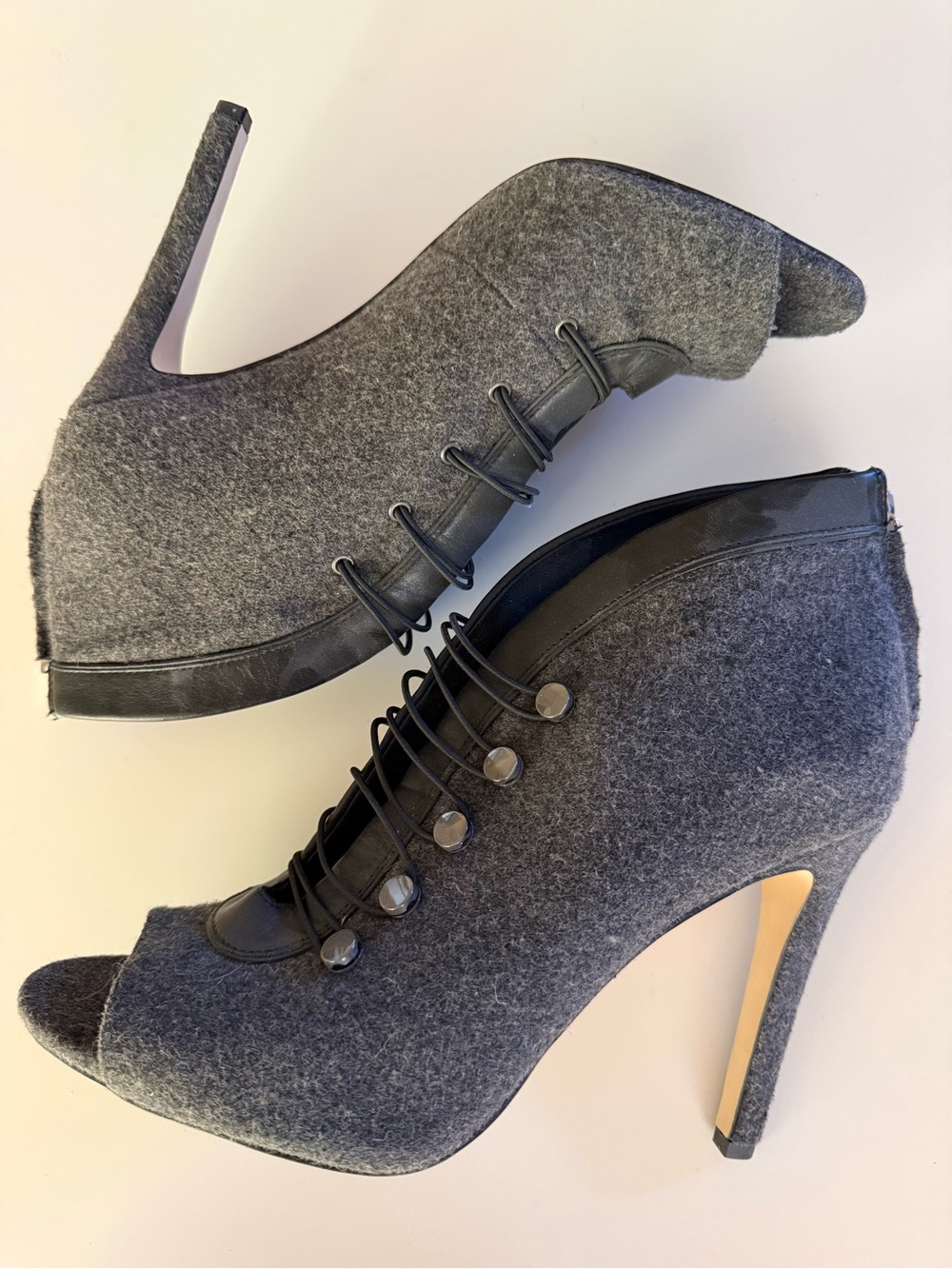Karl Lagerfeld Gray Felt Peep-Toe Lace-Up High Heel Booties